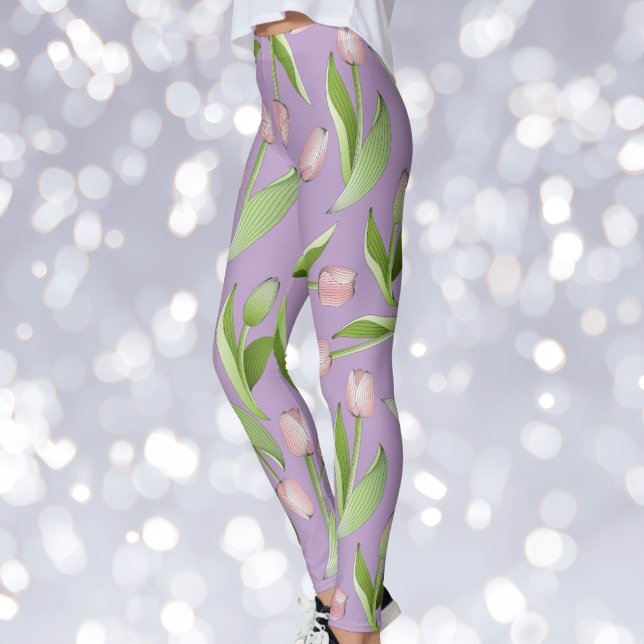 Light Lila Modern Rosa Tulip Skriv ut Leggings (Skapare uppladdad)