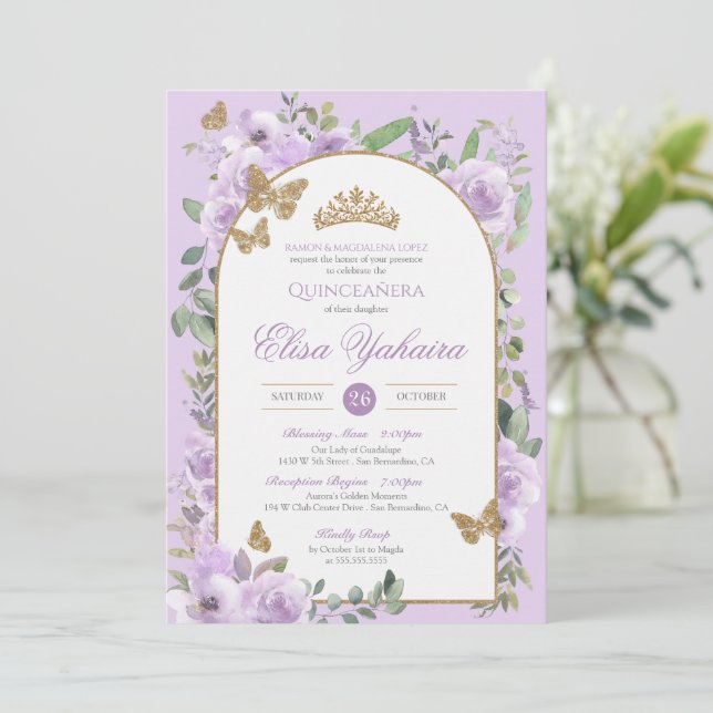 Light Lila Watercolor Guld Butterfly Quinceanera Inbjudningar (Stående Fram)