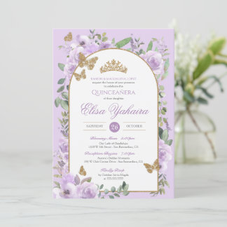 Light Lila Watercolor Guld Butterfly Quinceanera Inbjudningar