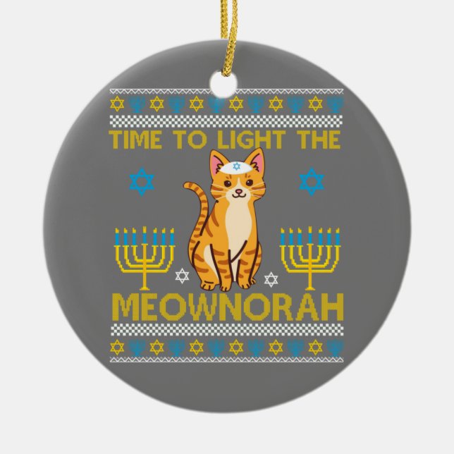 Light Meownorah Jewish Cat Menorah Älskare Ugly Julgransprydnad Keramik (Framsidan)