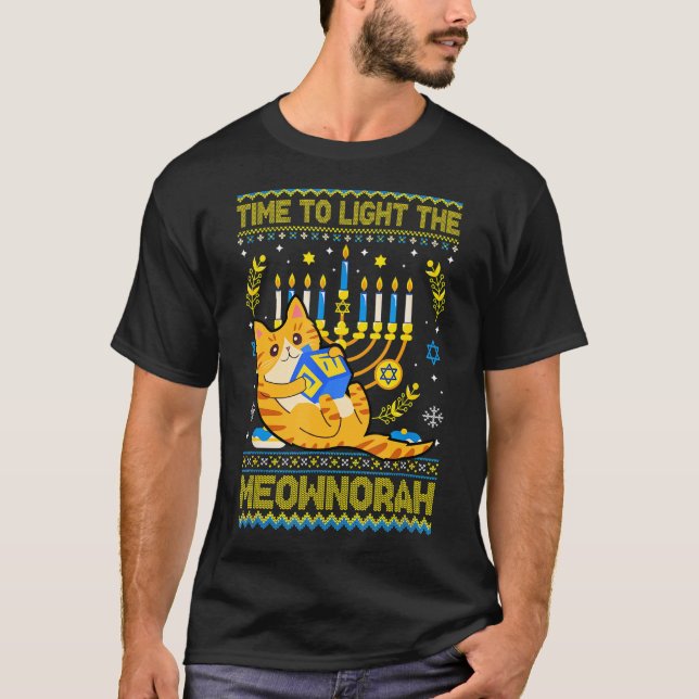 Light Meownorah Jewish Cat Menorah Ugly Chanu T Shirt (Framsida)