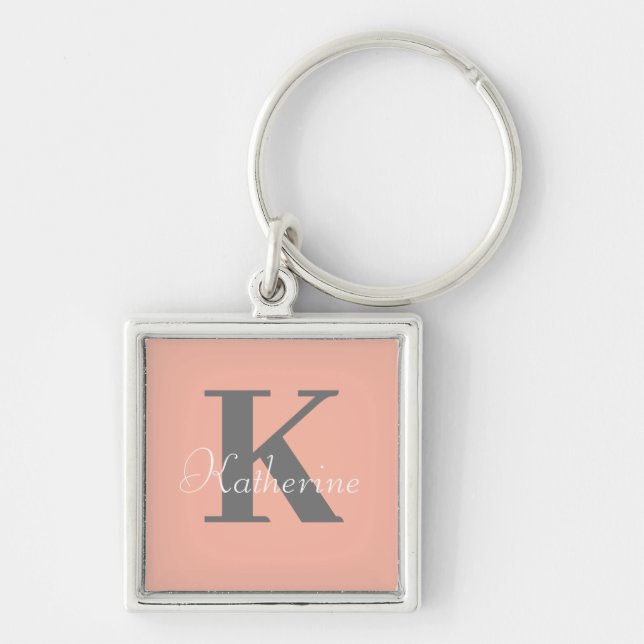 Light Peach Monogram Namn Fyrkantig Silverfärgad Nyckelring (Framsidan)