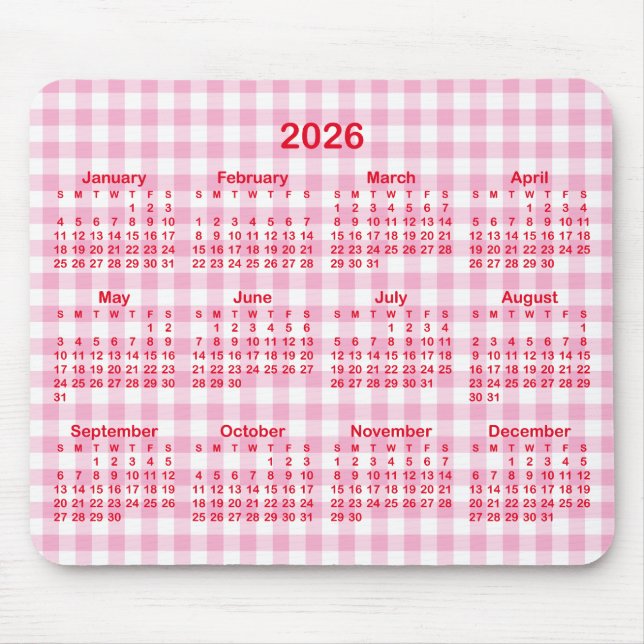 Light Pink Gingham Plaid Red 2026 Calendar Musmatta (Framsidan)