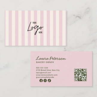 Light Pink & Ivory Stripes Bakery Logo QR Code Visitkort