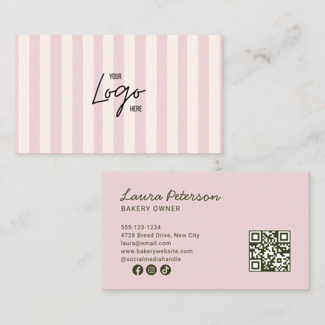 Light Pink & Ivory Stripes Bakery Logo QR Code Visitkort (Fram/baksida)