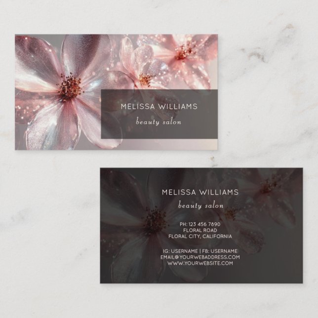 Light Pink Shiny Metallic Flower  Business Card Visitkort (Fram/baksida)