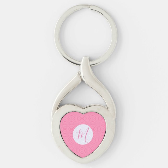 Light Pink Squiggly Squares Personalized Initial Twisted Heart Silverfärgad Nyckelring (Framsidan)