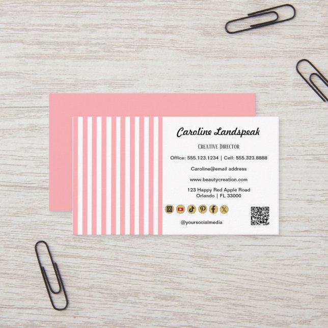Light Pink White Stripes QR Code Social Media Icon Visitkort (Fram/Back In Situ)
