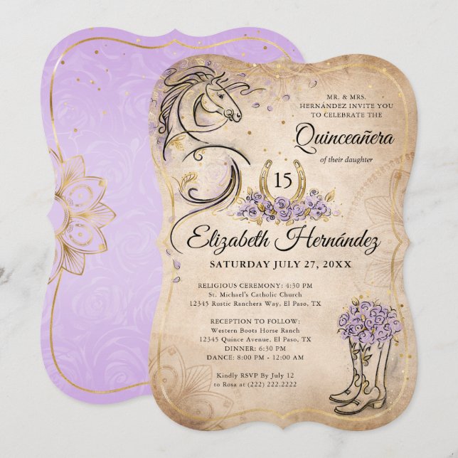 Light Purple and Gold Quince Rustic Horse Birthday Inbjudningar (Fram/baksida)