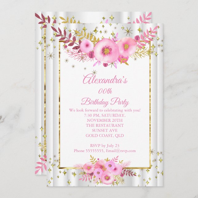 Light  Rosa White Flowers Guld Födelsedagsfest Inbjudningar (Fram/baksida)