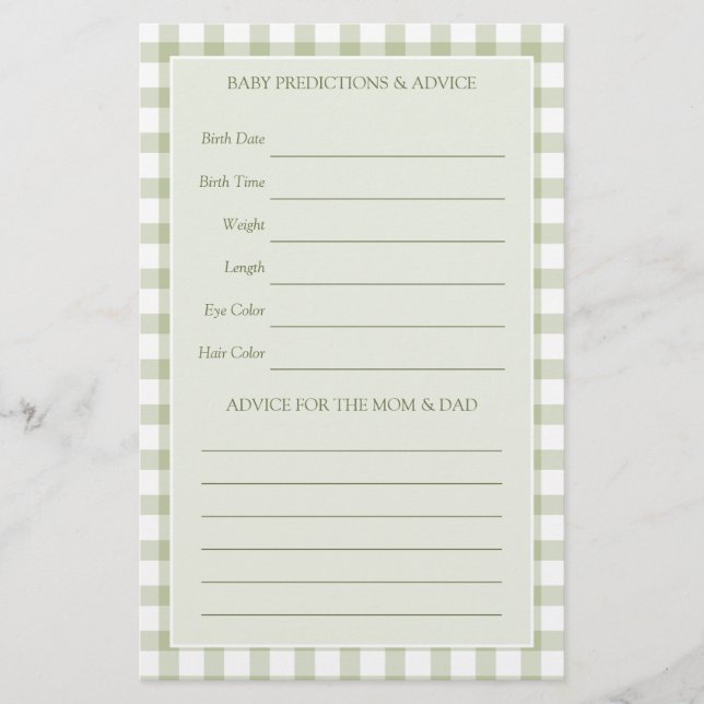 Light Sage Green Gingham Baby Shower Guessing Game (Framsida)