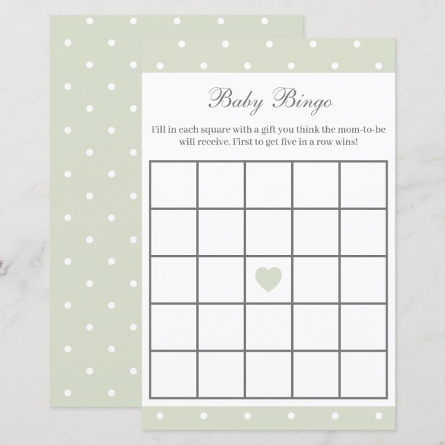 Light Sage Grönt Baby Shower Baby Bingo Game (Fram/baksida)