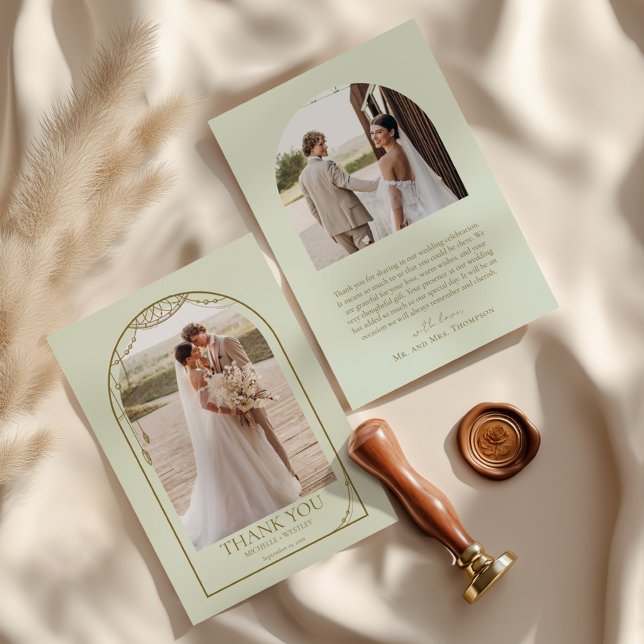 Light Sage Grönt Boho Beaded Arch Ram Bröllop Tack Kort (Skapare uppladdad)