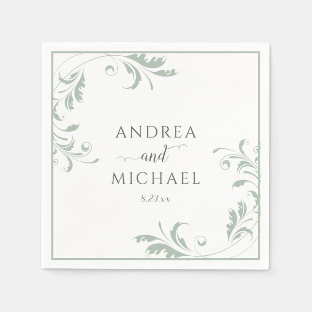 Light Sage Grönt Bröllop Elegant Luxury Flourish N Pappersservett (Framsidan)