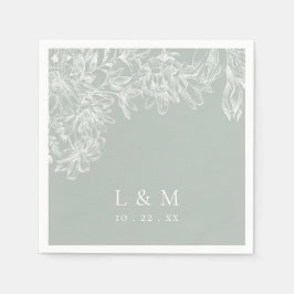 Light Sage Grönt White Blommigt Monogram Bröllop Pappersservett