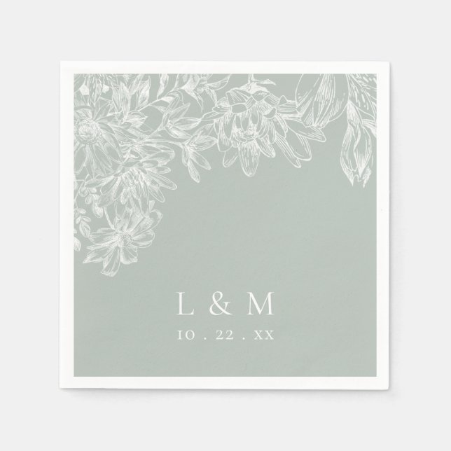 Light Sage Grönt White Blommigt Monogram Bröllop Pappersservett (Framsidan)