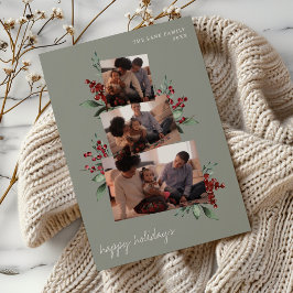 Light Sage Photo Collage with Berries and Greenery Julkort