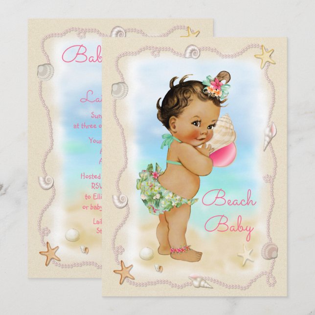 Light Skin Ethnic Conch Snäcka Beach Baby Shower Inbjudningar (Fram/baksida)