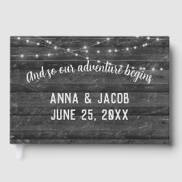 Light String On Gray Dark Wood Wedding Guest Book Gästböcker