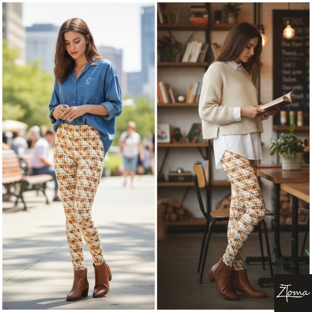 Light Tan Diagonal Plaid Subtle Weave Leggings (Skapare uppladdad)