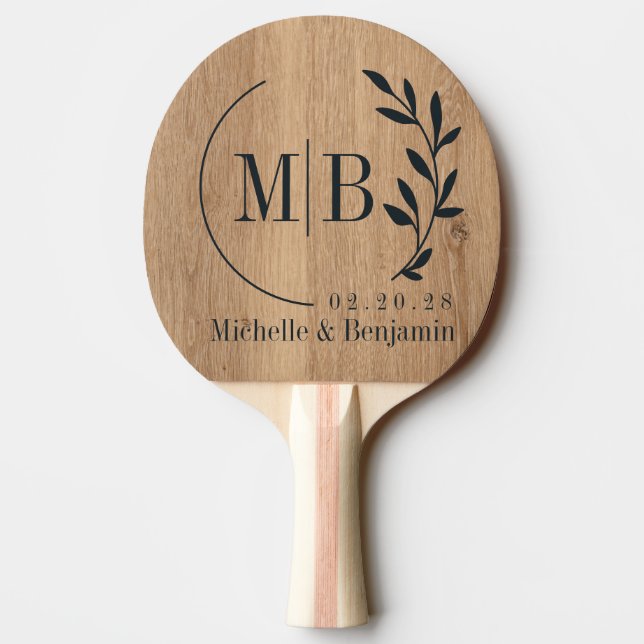 Light Teak Wood Leaf Wedding Monogram Pingisracket (Baksidan)