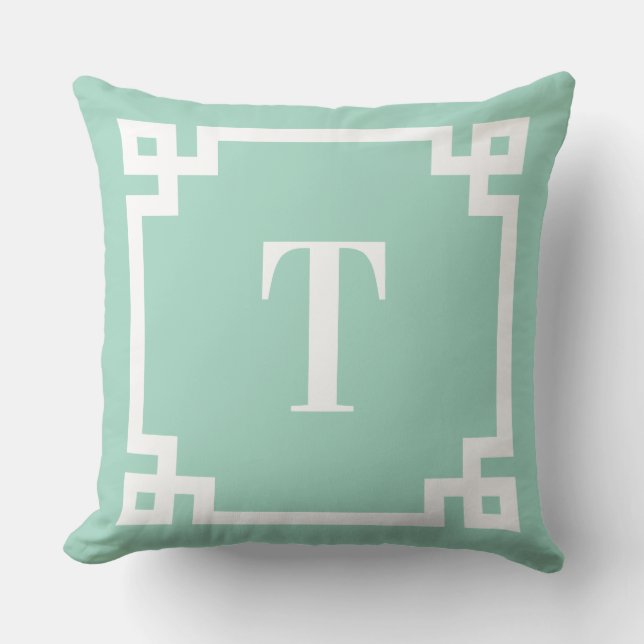 Light Teal and White Grekiska Nyckel Monogram Kudde (Framsida)