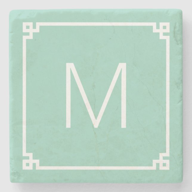 Light Teal and White Grekiska Nyckel Monogram Stenunderlägg (Framsidan)