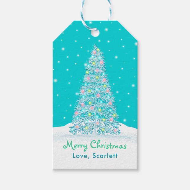 Light Teal Aqua Decorated Julgran Helgdag Presentetikett (Framsidan)