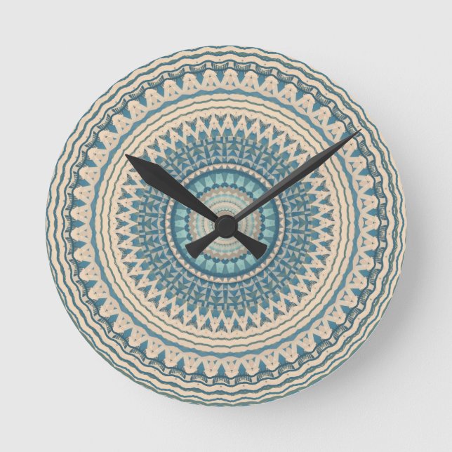 Light Teal Blue Beige Mandala Rund Klocka (Framsida)