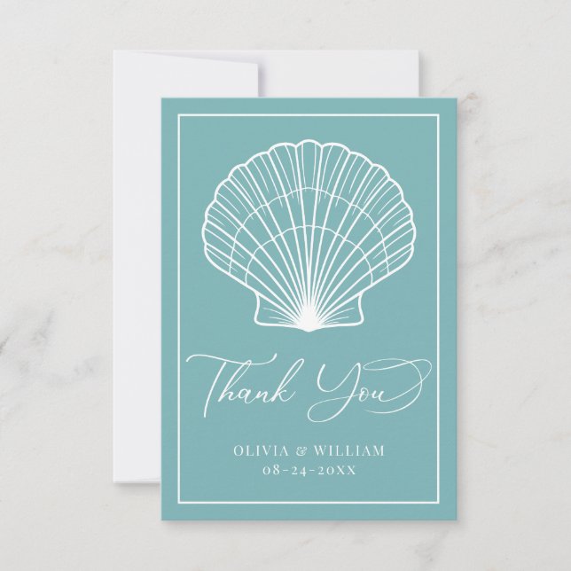 Light Teal Blue Seashell Beach Wedding Elegant Tack Kort (Framsida)