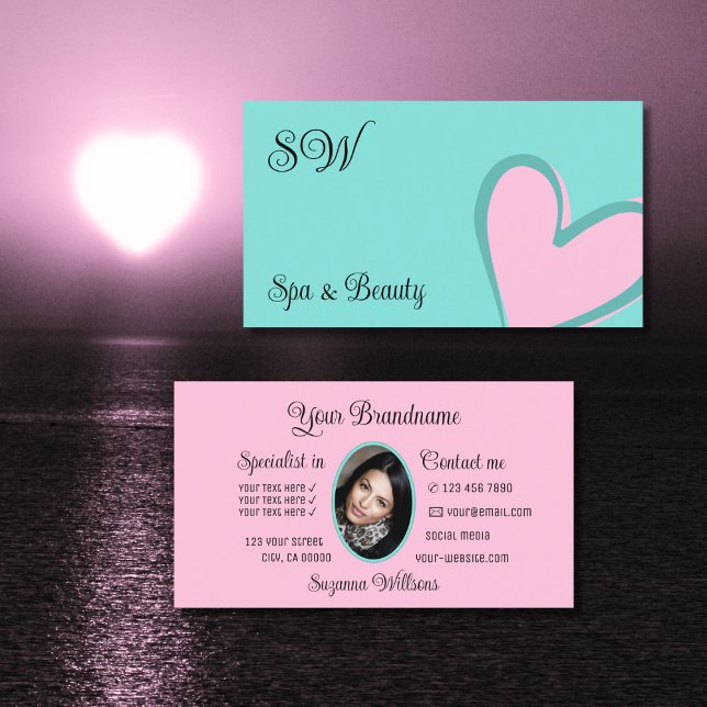 Light Teal Cute Rosa Heart med Monogram och Photo Visitkort (Skapare uppladdad)