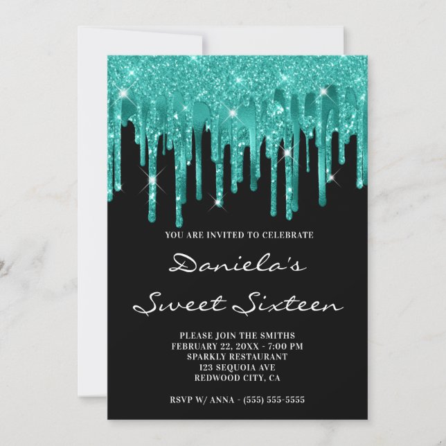 Light Teal Glitter Foil Drick Black Sweet sixteen Inbjudningar (Framsida)