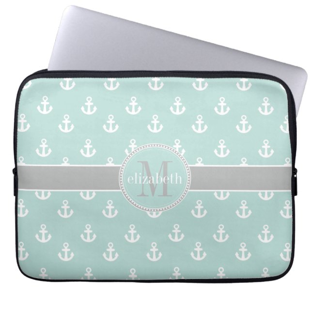 Light Teal Grått Moroccan Quatrefoil Monogram Laptop Sleeve (Framsidan)