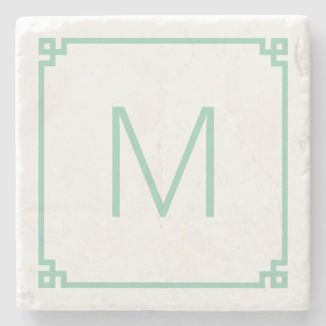 Light Teal Grekiska Nyckel Gräns Monogram Stenunderlägg (Framsidan)