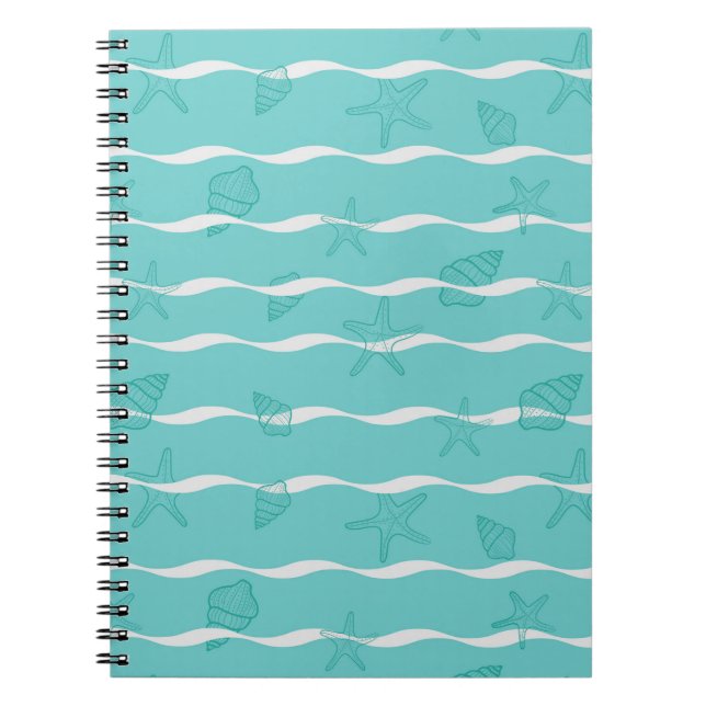 Light Teal Ocean Waves & Seashells Seamless Patter Anteckningsbok (Framsidan)