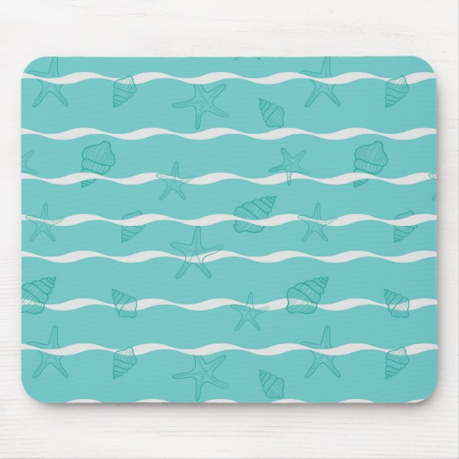 Light Teal Ocean Waves & Seashells Seamless Patter Musmatta (Framsidan)