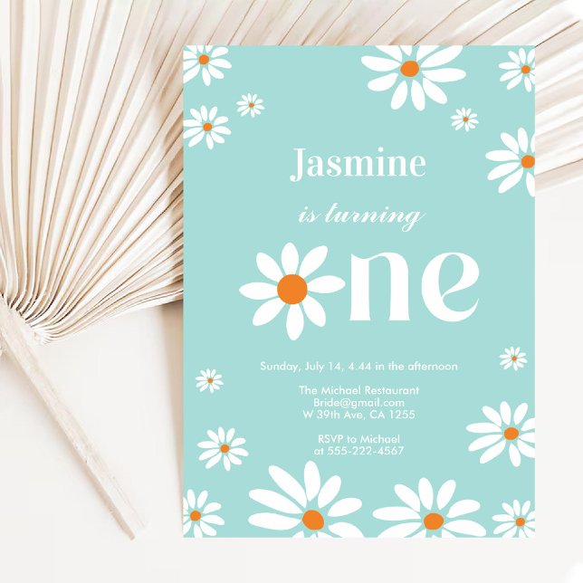 Light Teal Retro Groovy Daisy Blommigt 1:a födelse Inbjudningar (Light Teal Retro Groovy Daisy Florals 1st Birthday Invitation)