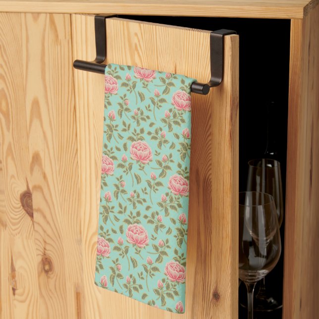 Light Teal Vintage Rosa ros Flowers Kökshandduk (Thirds Fold)