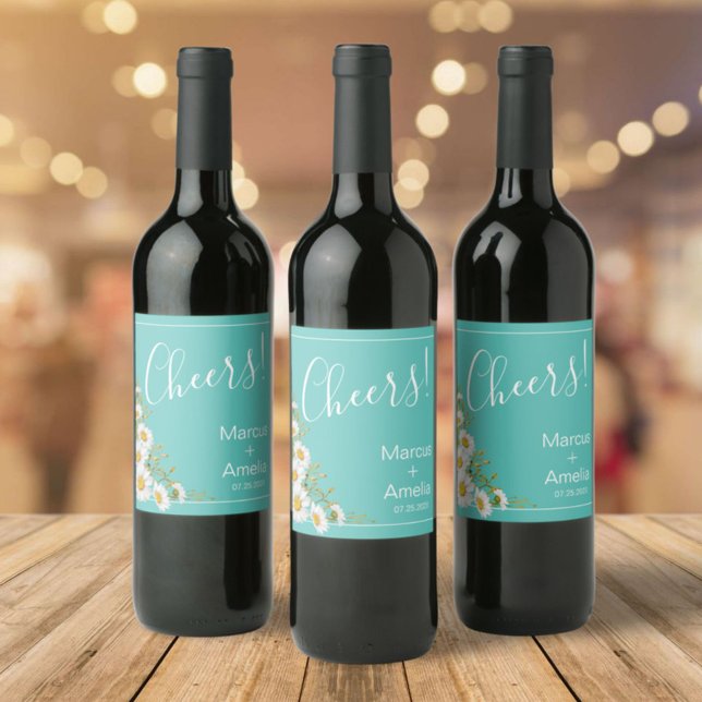 Light Teal & White Daisy Bröllop Vinflaska Etikett (Skapare uppladdad)