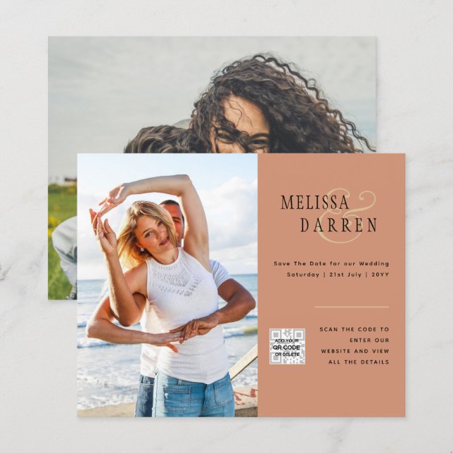 Light Terracotta PHOTO Bröllop SPARA DATE QR CODE (Fram/baksida)