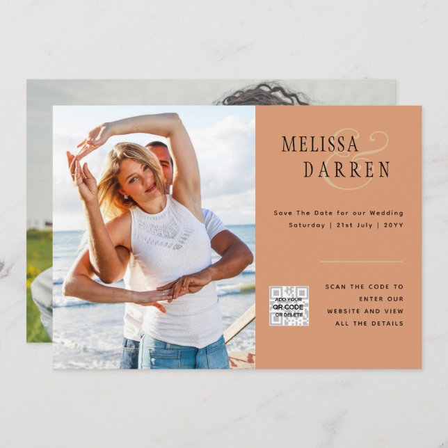 Light Terracotta PHOTO Bröllop SPARA DATE QR CODE Inbjudningar (Fram/baksida)