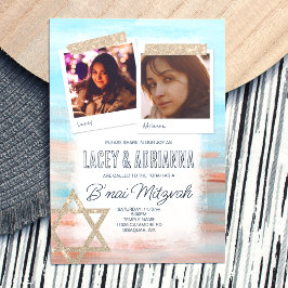 Light Turqoise, Beige Glitter B'nai Bat Mitzvah Inbjudningar