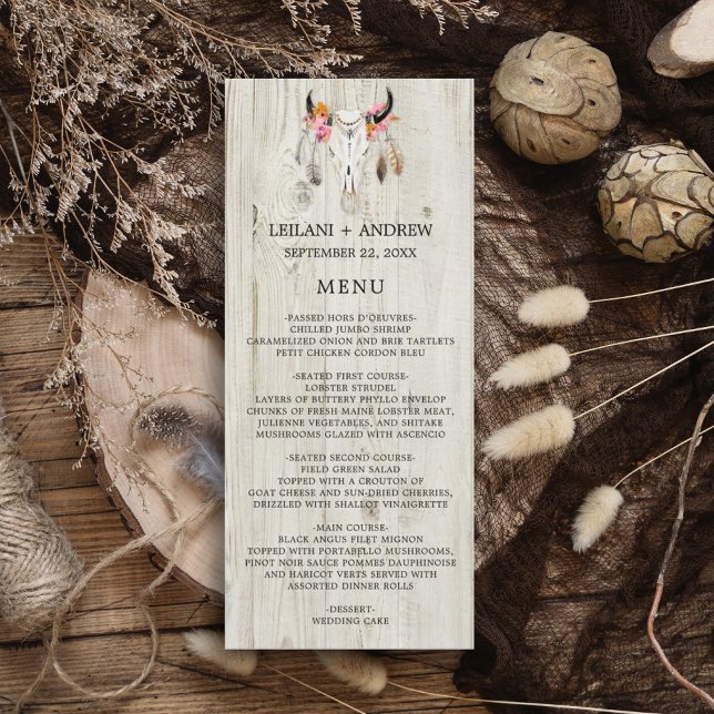 Light Wood Rustic Antler Bröllop Menu Meny (Rustic wood with watercolor skull feather and flower. Perfect for that outdoor, barn, fall wedding.)