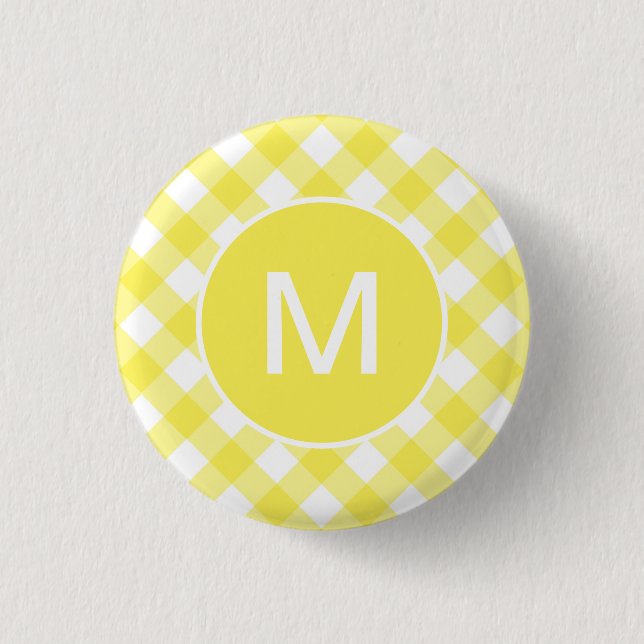 Light Yellow Classic Gingham Pattern Monogram Knapp (Framsida)