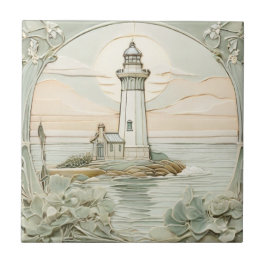 Lighthouse Art nouveau Faux Relief Pastel Mint Kakelplatta