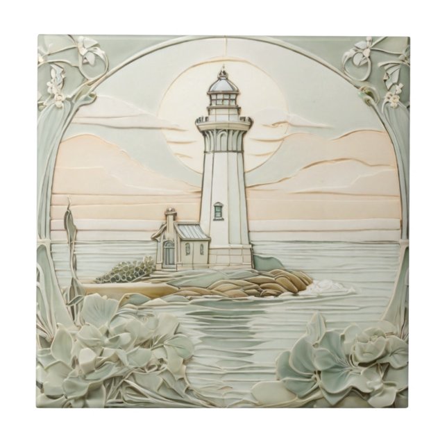 Lighthouse Art nouveau Faux Relief Pastel Mint Kakelplatta (Framsidan)