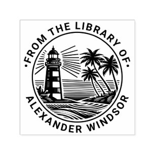 Lighthouse Beach Palmträd Bibliotek Boknamn Självfärgande Stämpel