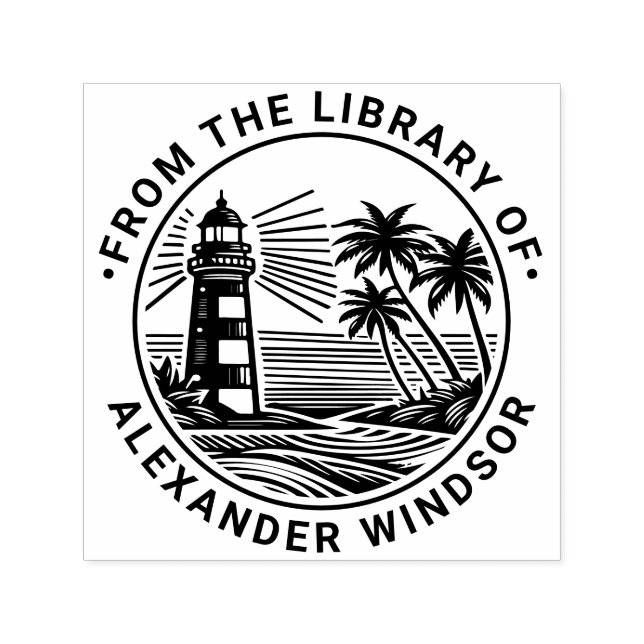 Lighthouse Beach Palmträd Bibliotek Boknamn Självfärgande Stämpel (Design)