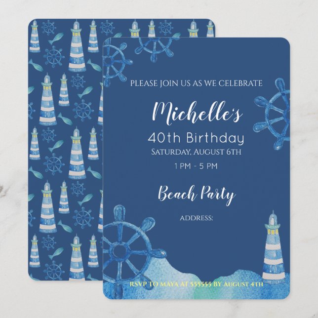 Lighthouse Beach Watercolor Hand-painted Inbjudan (Fram/baksida)