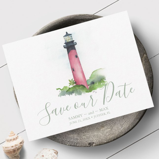 Lighthouse Beach Wedding i Florida Spara Datumet (Non photo wedding save the date invitations feature watercolor Jupiter Florida Lighthouse art)